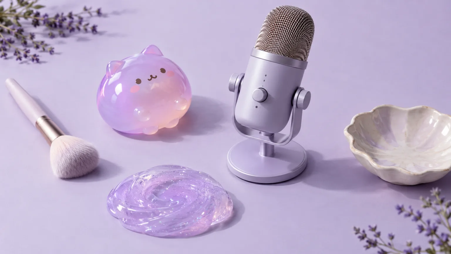 طبيعة صامتة منسّقة لـ ASMR مع ميكروفون وفرشاة ولعبة سكويشي وسلايم لامع