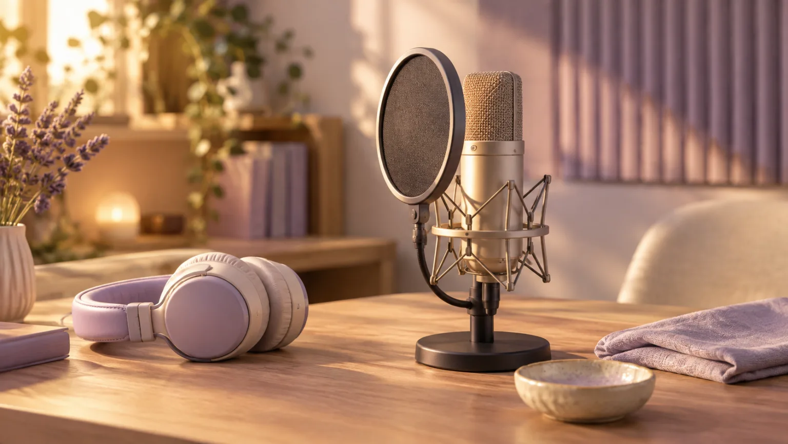Scrivania per registrazioni ASMR con microfono a condensatore, cuffie e oggetti pastello morbidi
