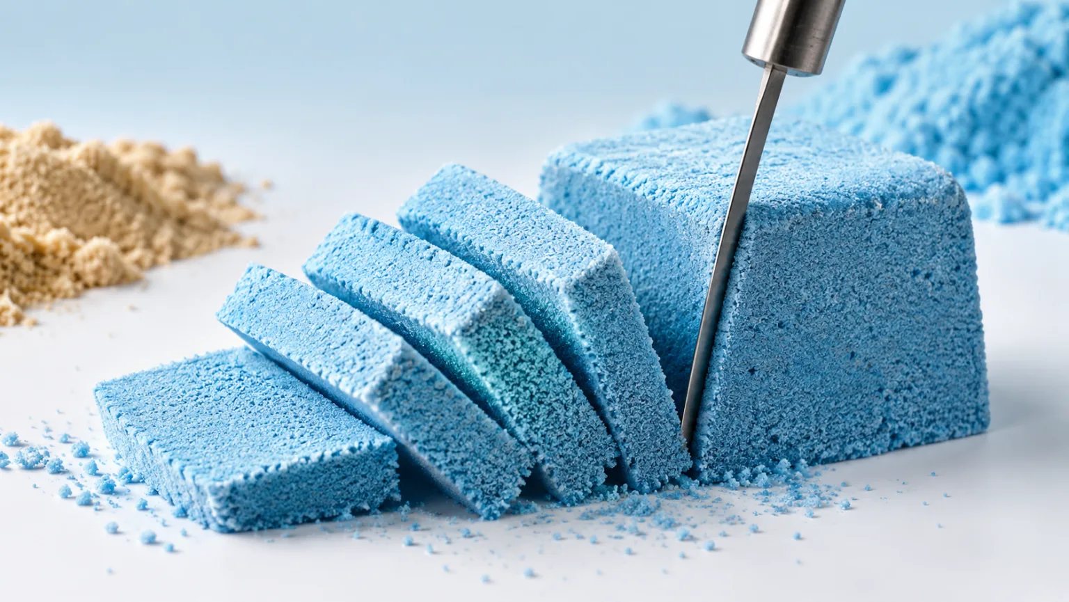 Kinetic sand sliced into crisp textured blocks with a thin metal tool