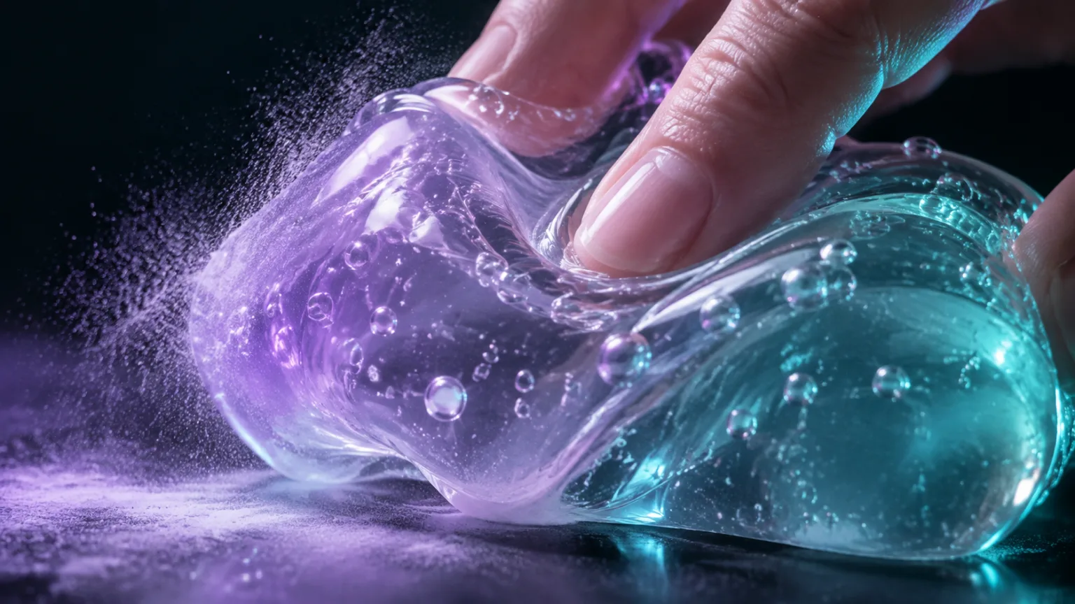 Extreme Nahaufnahme eines durchscheinenden Gelee-Squishys, das von Fingerspitzen gedrückt wird, mit glänzenden Falten