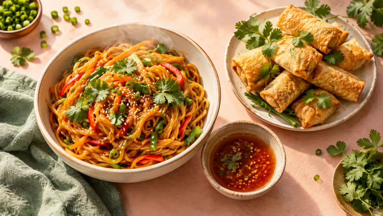 Overhead shot of glossy noodles, crispy snacks and dipping sauce on a pastel table
