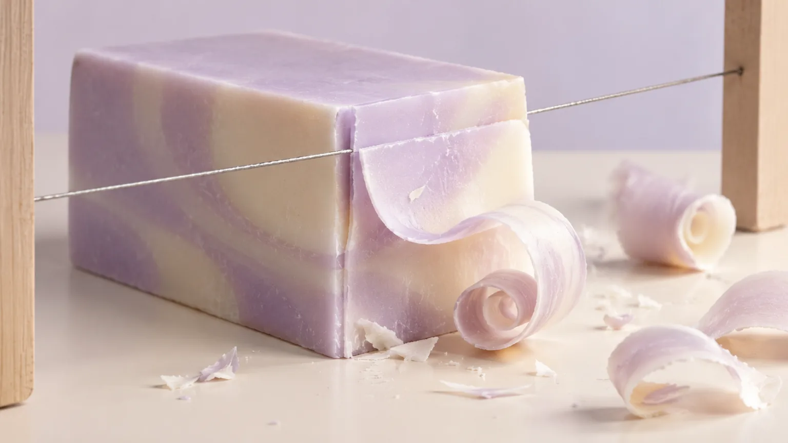 Pastel soap block being cut with a thin wire and delicate curled shavings
