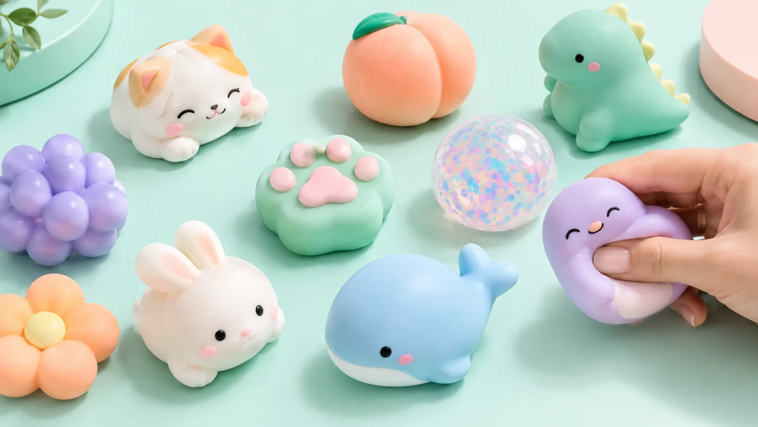 파스텔 톤 표면에 놓인 다채로운 Squishy 장난감들, 그중 하나를 누르는 모습